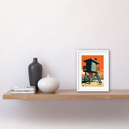 "Artery8 Wall Art Print Lifeguard Tower Seascape Pastel Colour Orange Teal Blue Beach Bathroom Artwork Framed 9X7 Inch in White - Size: W7"" x H9""" - thumbnail 2