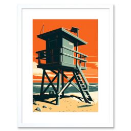 "Artery8 Wall Art Print Lifeguard Tower Seascape Pastel Colour Orange Teal Blue Beach Bathroom Artwork Framed 9X7 Inch in White - Size: W7"" x H9""" - thumbnail 1