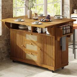 BTM Folding Kitchen Trolley Rattan Drawers Rolling Cart Dark Brown in Light Brown - thumbnail 3