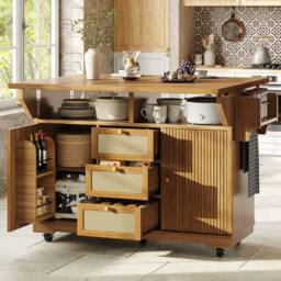 BTM Folding Kitchen Trolley Rattan Drawers Rolling Cart Dark Brown in Light Brown - thumbnail 2
