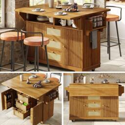 BTM Folding Kitchen Trolley Rattan Drawers Rolling Cart Dark Brown in Light Brown