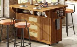 BTM Folding Kitchen Trolley Rattan Drawers Rolling Cart Dark Brown in Light Brown - thumbnail 6