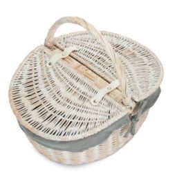 Red Hamper Wicker White Wash Finish Oval lined Picnic Basket in Grey