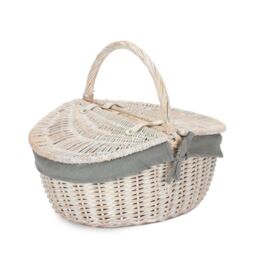 Red Hamper Wicker White Wash Finish Oval lined Picnic Basket in Grey - thumbnail 2