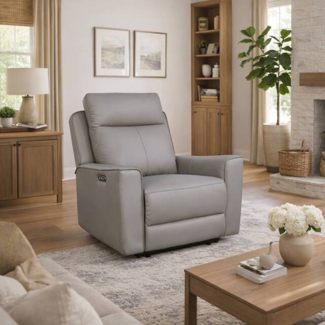 Aspire Rivington Real Leather Power Recliner Armchair with USB Charging in Grey - image 1