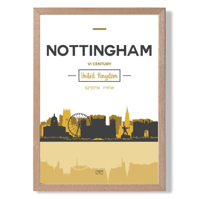 ARTZE Nottingham Yellow & Black City Skyline Framed Print SIZE: A4 with Oak Frame - image 1