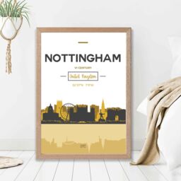 ARTZE Nottingham Yellow & Black City Skyline Framed Print SIZE: A4 with Oak Frame - thumbnail 2