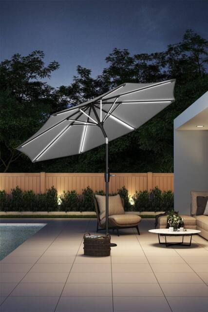 H&O Direct Large Outdoor Solar Powered LED Patio Umbrella for Garden in Light Grey - image 1