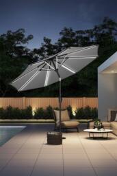 H&O Direct Large Outdoor Solar Powered LED Patio Umbrella for Garden in Light Grey - thumbnail 1
