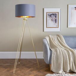 ValueLights Modern Gold Hairpin Design Tripod Floor Lamp With Grey Gold Drum Shade - thumbnail 2