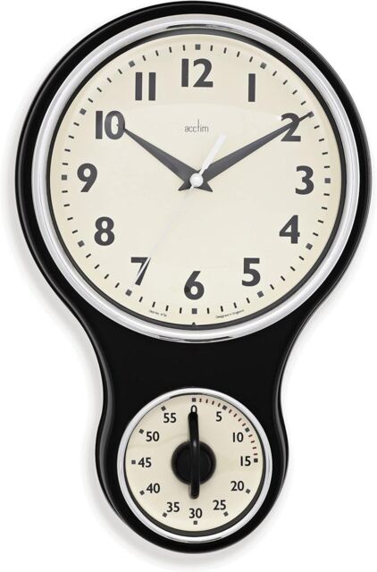 Acctim Kitchen Time Wall Clock Timer Quartz Retro Style Domed Glass Lens 20cm in Black - image 1
