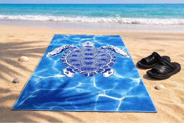LARANGE Men's Beach Towel Double-Sided Print with Bag & Men's Slippers, Holiday Pack in Blue
