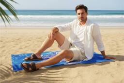 LARANGE Men's Beach Towel Double-Sided Print with Bag & Men's Slippers, Holiday Pack in Blue - thumbnail 3