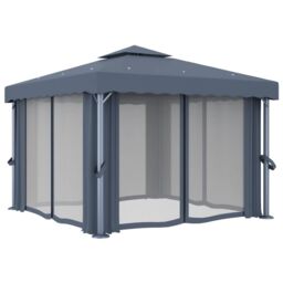 Berkfield Home Gazebo with Curtain&LED String Lights 3x3 m Anthracite in Black - thumbnail 6