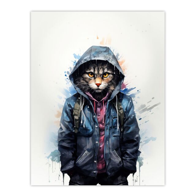 "Artery8 Wall Art Print Street Cat Lovers Gift Watercolour Pet Portrait Painting Artwork Poster - Size: W24"" x H32""" - image 1