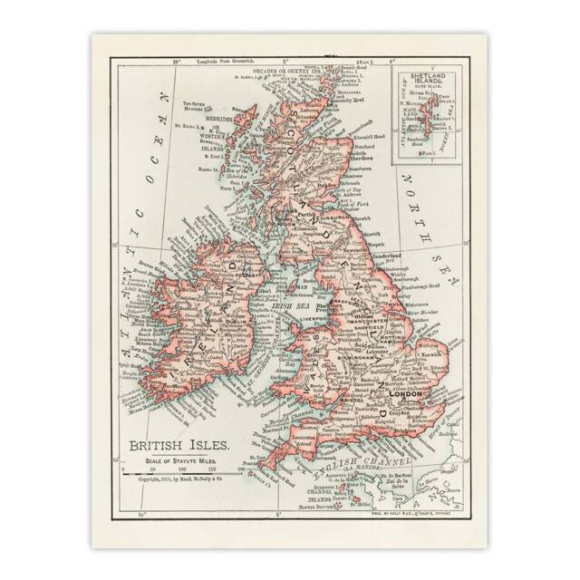 "Artery8 1900 British Isles Map Rand Mcnally Vintage Wall Art Print Poster in White - Size: W12"" x H16""" - image 1