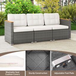 Costway 3-Seat Patio Couch Sofa PE Rattan Wicker Outdoor Loveseat Furniture Set in White - thumbnail 6