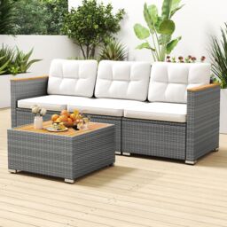 Costway 3-Seat Patio Couch Sofa PE Rattan Wicker Outdoor Loveseat Furniture Set in White - thumbnail 7