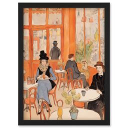 Artery8 Wall Art Print A Bustling Parisian Cafe in the Style of Toulouse Lautrec Paris French Orange Artwork Framed A4 in Black - thumbnail 1