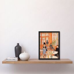 Artery8 Wall Art Print A Bustling Parisian Cafe in the Style of Toulouse Lautrec Paris French Orange Artwork Framed A4 in Black - thumbnail 2