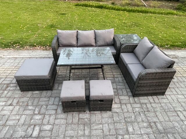 Fimous Rattan Garden Furniture Dining Set 8 seater Patio Rectangular Table 3 Footstools Love Sofa Side Table Dark Grey Mixed - image 1