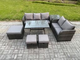 Fimous Rattan Garden Furniture Dining Set 8 seater Patio Rectangular Table 3 Footstools Love Sofa Side Table Dark Grey Mixed - thumbnail 1