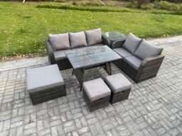 Fimous Rattan Garden Furniture Dining Set 8 seater Patio Rectangular Table 3 Footstools Love Sofa Side Table Dark Grey Mixed - thumbnail 2