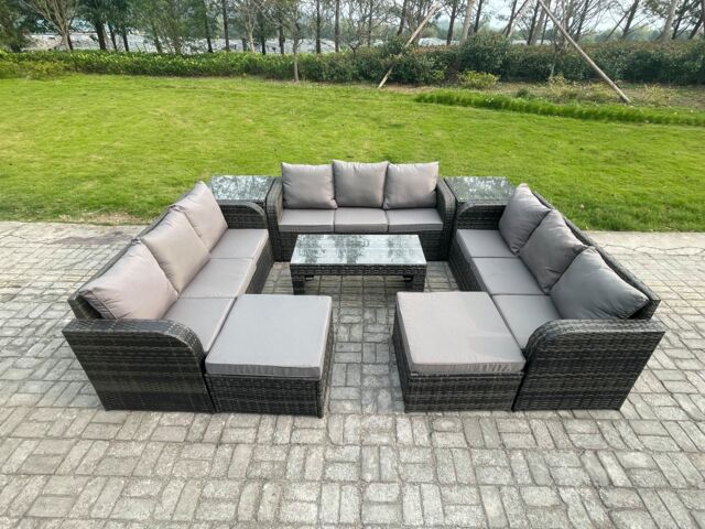 Fimous Rattan Garden Furniture Set 11 Seater Indoor Outdoor Patio Sofa Set with Coffee Table 2 Big Footstool 2 Side Tables Dark Grey Mixed - image 1