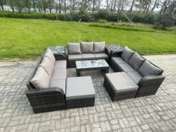 Fimous Rattan Garden Furniture Set 11 Seater Indoor Outdoor Patio Sofa Set with Coffee Table 2 Big Footstool 2 Side Tables Dark Grey Mixed - thumbnail 2