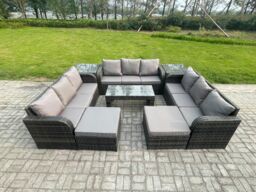 Fimous Rattan Garden Furniture Set 11 Seater Indoor Outdoor Patio Sofa Set with Coffee Table 2 Big Footstool 2 Side Tables Dark Grey Mixed - thumbnail 1