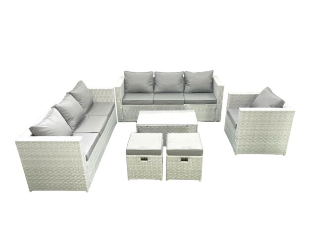Fimous Wicker PE Rattan Sofa Garden Furniture Set with Armchair Oblong Coffee Table 2 Small Footstools Light Grey Mixed - image 1