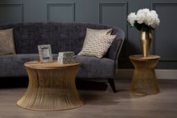 Orsina Contemporary Coffee Table with Gold Iron Frame, Hourglass Shape Coffee Table with Natural Wooden Top - thumbnail 2