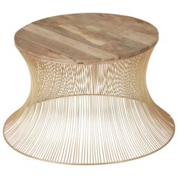 Orsina Contemporary Coffee Table with Gold Iron Frame, Hourglass Shape Coffee Table with Natural Wooden Top - thumbnail 3