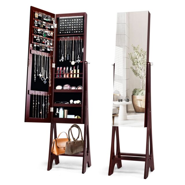 Costway Freestanding Mirror Jewelry Cabinet Organizer W/ Full Length Mirror Built-in LED in Brown - image 1