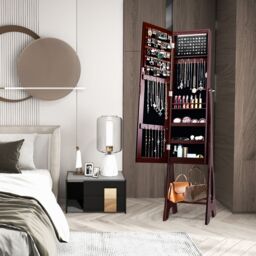 Costway Freestanding Mirror Jewelry Cabinet Organizer W/ Full Length Mirror Built-in LED in Brown - thumbnail 3