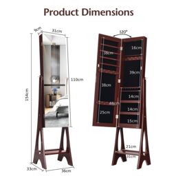 Costway Freestanding Mirror Jewelry Cabinet Organizer W/ Full Length Mirror Built-in LED in Brown - thumbnail 2