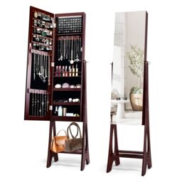 Costway Freestanding Mirror Jewelry Cabinet Organizer W/ Full Length Mirror Built-in LED in Brown