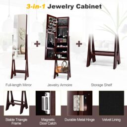 Costway Freestanding Mirror Jewelry Cabinet Organizer W/ Full Length Mirror Built-in LED in Brown - thumbnail 5
