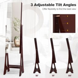 Costway Freestanding Mirror Jewelry Cabinet Organizer W/ Full Length Mirror Built-in LED in Brown - thumbnail 4