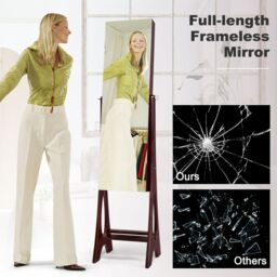 Costway Freestanding Mirror Jewelry Cabinet Organizer W/ Full Length Mirror Built-in LED in Brown - thumbnail 6