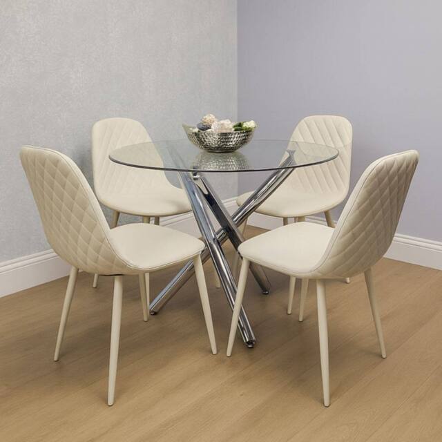 KOSY KOALA Modern Round Clear Glass Dining Table Set with 4 Cream Chairs - image 1