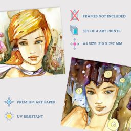 Artery8 Wall Art Print Pack of 4 A4 Watercolour Women Portrait Modern Boho Painting Living Room s Set - thumbnail 4