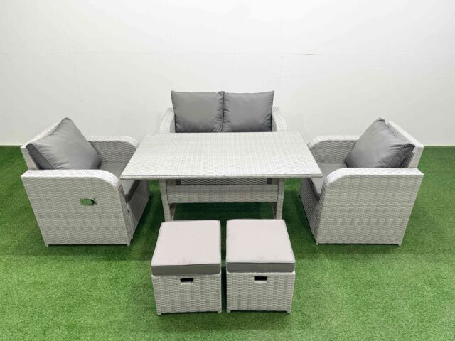 Fimous Light Grey PE Wicker Rattan Garden Furniture Set Sofa Set Reclining Chair Rectangular Dining Table 6 Seater 2 Small Stools - image 1
