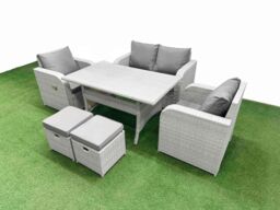 Fimous Light Grey PE Wicker Rattan Garden Furniture Set Sofa Set Reclining Chair Rectangular Dining Table 6 Seater 2 Small Stools - thumbnail 2