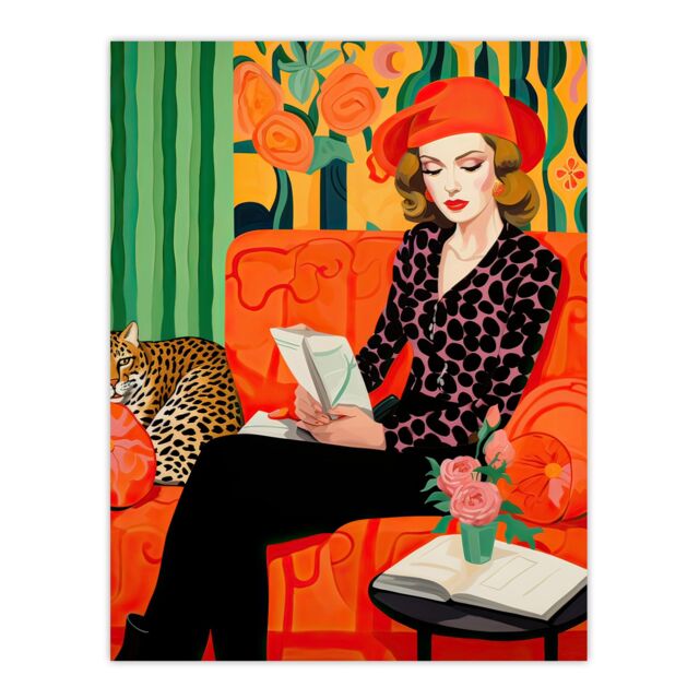 "Artery8 Wall Art Print Retro Chic Oil Painting Orange Green Lounge Portrait Woman & Leopard on Couch Poster - Size: W18"" x H24""" - image 1