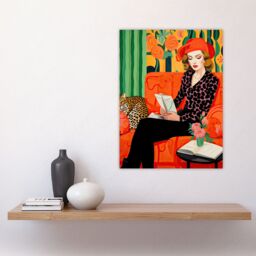 "Artery8 Wall Art Print Retro Chic Oil Painting Orange Green Lounge Portrait Woman & Leopard on Couch Poster - Size: W18"" x H24""" - thumbnail 4