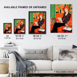 "Artery8 Wall Art Print Retro Chic Oil Painting Orange Green Lounge Portrait Woman & Leopard on Couch Poster - Size: W18"" x H24""" - thumbnail 3