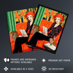 "Artery8 Wall Art Print Retro Chic Oil Painting Orange Green Lounge Portrait Woman & Leopard on Couch Poster - Size: W18"" x H24""" - thumbnail 2