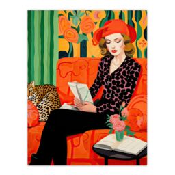 "Artery8 Wall Art Print Retro Chic Oil Painting Orange Green Lounge Portrait Woman & Leopard on Couch Poster - Size: W18"" x H24""" - thumbnail 1