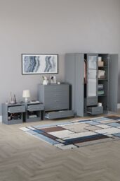 Home Discount Vida Designs 4Pc Bedroom Set 2xBedside, 5Drawer Chest, Mirror Wardrobe in Grey - thumbnail 2